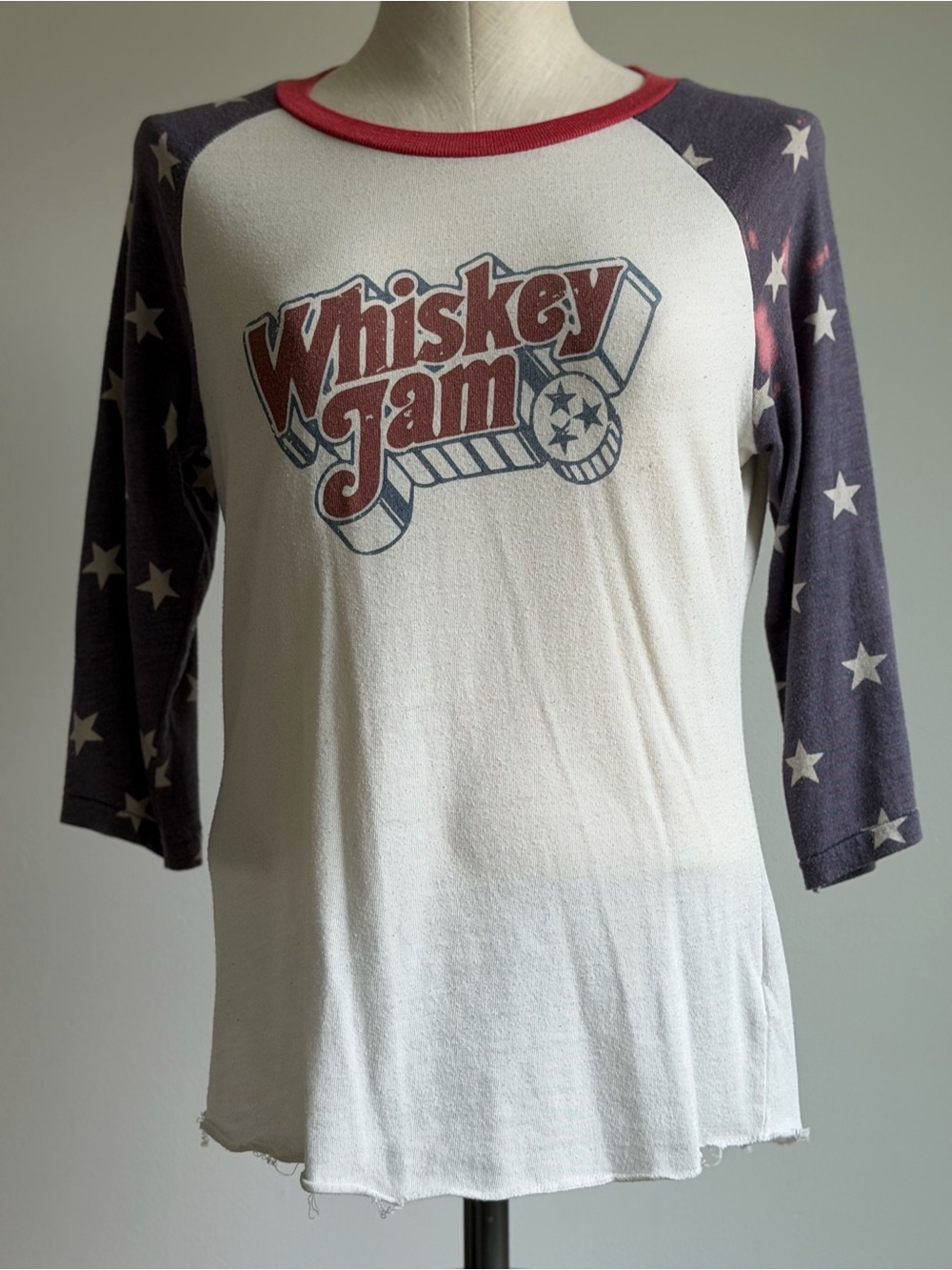 Alternative White Raglan Tee with Navy Star Sleeves and Red Trim